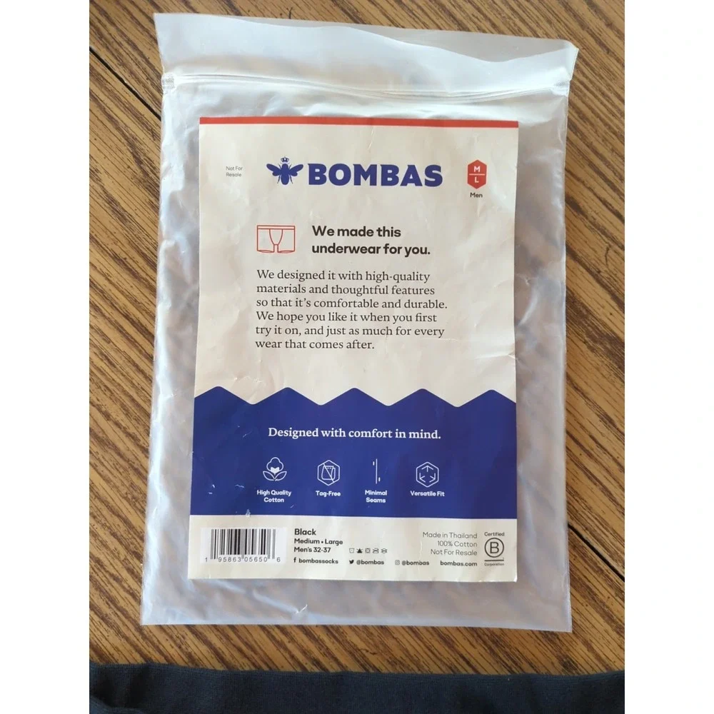 New Bombas Men's 100% Cotton Boxer‎ Underwear Size M/L 32-37 Black Color